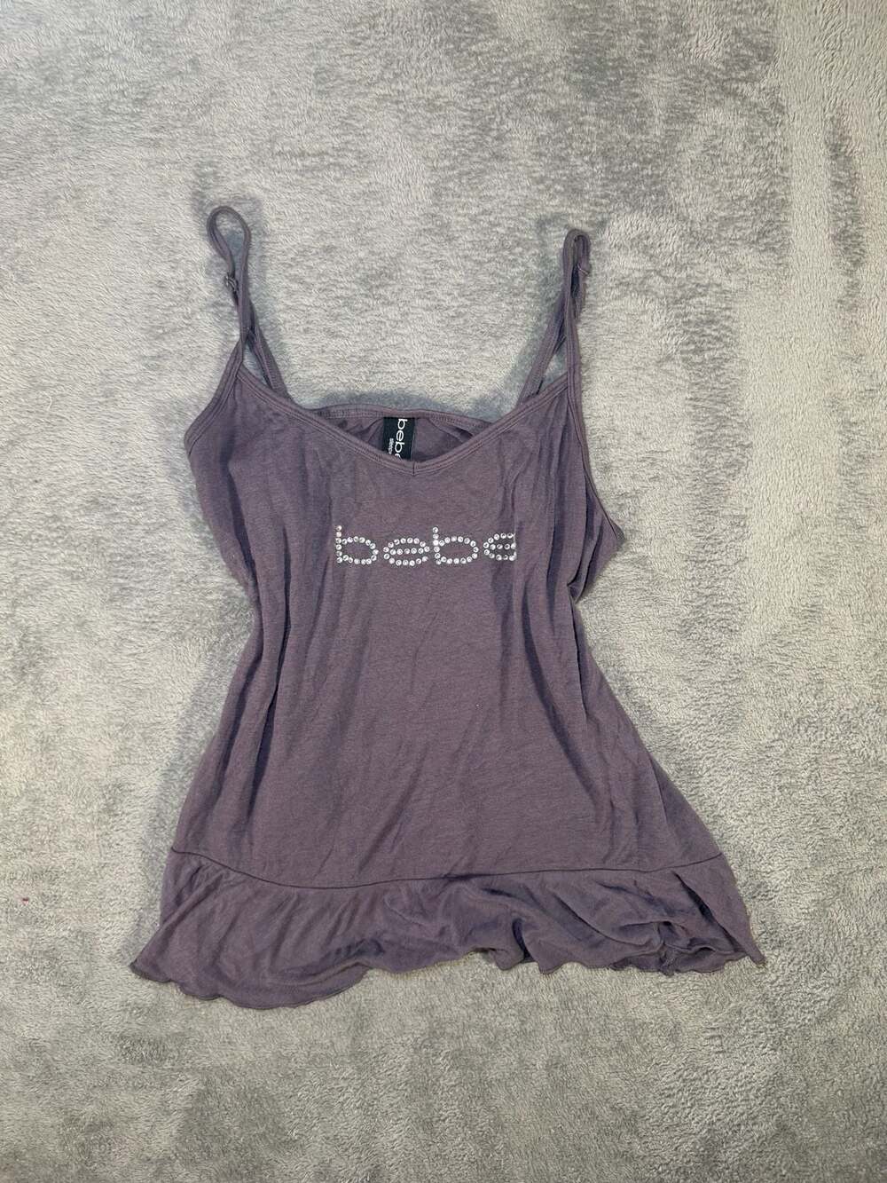 Bebe Y2K Rhinestone Camisole Size L/G Purple Ruffle Hem